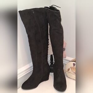 Torrid Black Over The Knee Wedge Back Lace Up Boots Sz 10W NWT